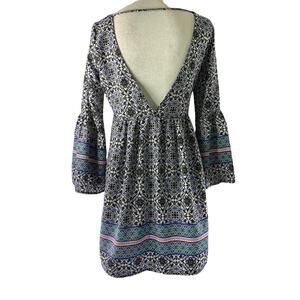 Womens Small Boho Dress Open Back Long Sleeve Black Blue Floral Print Hippie